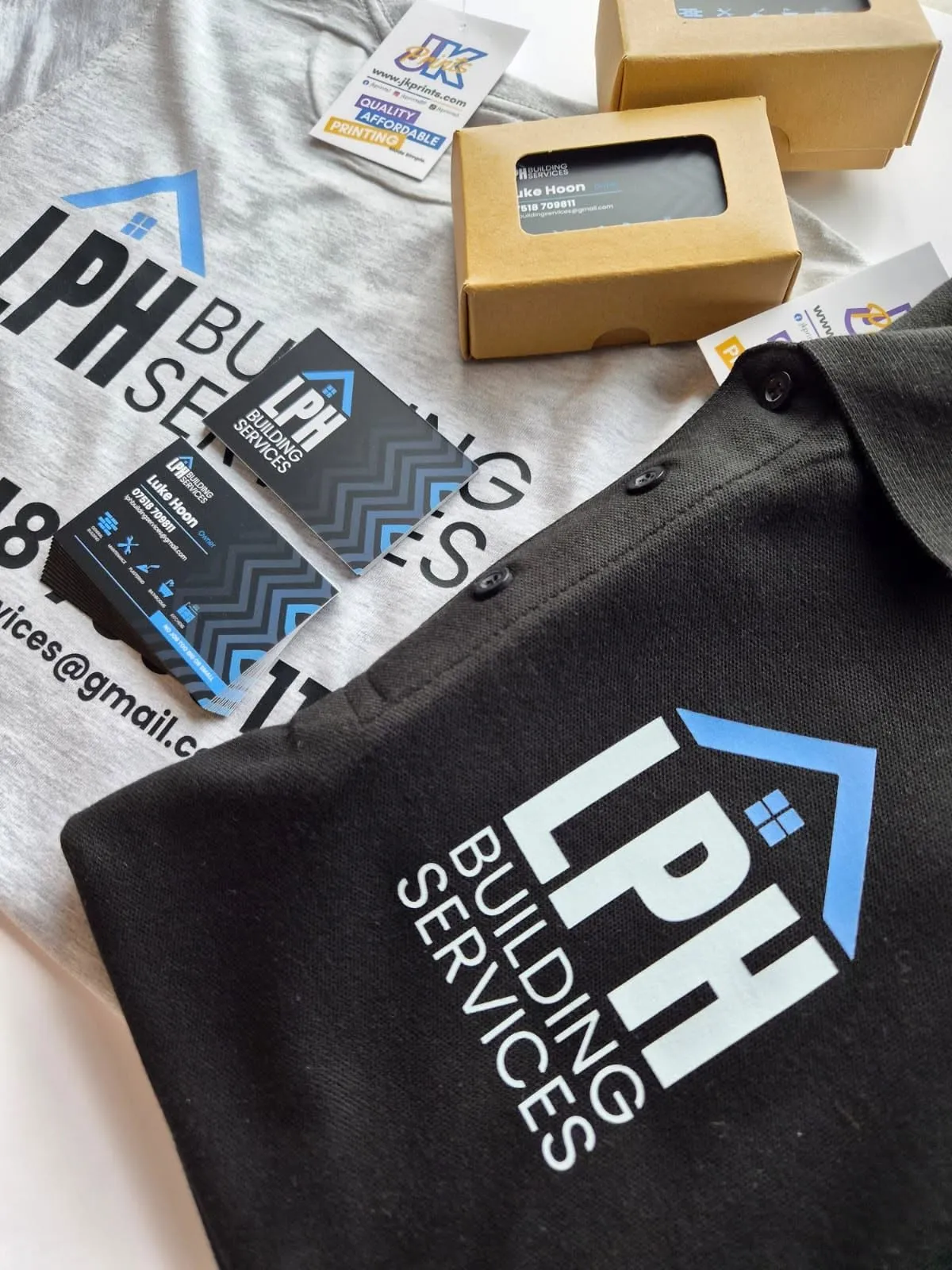 LPH Building Services branded workwear and business cards